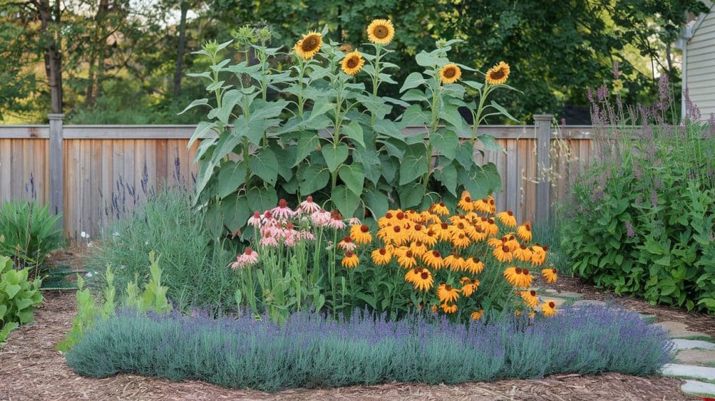 a-photo-of-a-layered-garden-with-lavender-in-front-tall-sunflowers-in-back